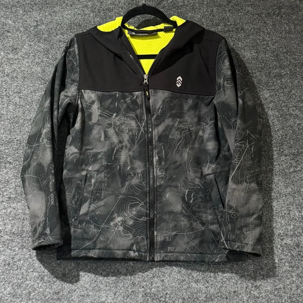 Free Country Softshell Jacket Boys 14/16 Grey Black Excellent Topo Map Hooded